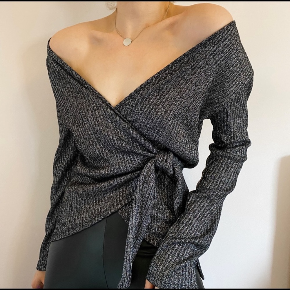 Zara Metallic Knit Wrap Blouse Silver Grey Sparkle